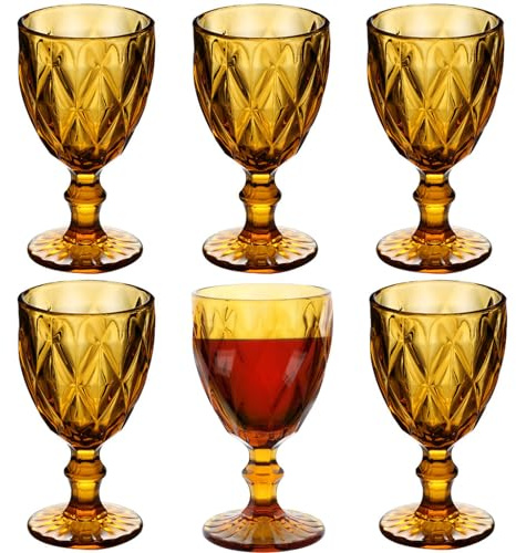 Taganov Amber Wine Glasses set of 6 Vintage Glassware Drinking Goblets 10 oz for Wedding Party Bar Pretty Colored Water Red Drinking Glasses