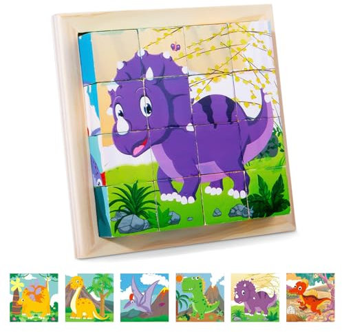 SPHERETRON Würfelpuzzle Holz, 3D Bilderwürfel Holz Puzzlespiele 6 in 1 Dinosaurier Motive Holzpuzzle Motive für Kinder 1 2 3 4 Jahre Montessori Lernspielzeug