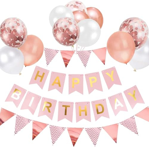 Luftballons Geburtstag Dekoration Set, Roségold Geburtstagsdeko Happy Birthday deko Banner Party Deko Geburtstag Set mit Roségold Luftballons Konfetti Ballons Dreiecksflaggen Girlanden（RG+SJQ)