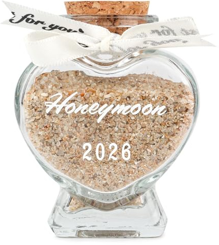 Bocal souvenir sable lune de miel 2026 – Cadeau de lune de miel pour les jeunes mariés – Fête prénuptiale, mariage, fiançailles, cadeau de voyage pour mariée (avec coffret cadeau) (pot lune de miel