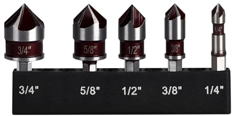 5 Pcs Countersink Drill Bits Set, M35 HighSpeed Steel Counter Sinker | Drill Bits 5 Flute 82 Degree Center Punch Tool Hex Shank 1/4'' 3/8'' 1/2'' 5/8'' 3/4'' Set for Metal, Stainless steel,Wood
