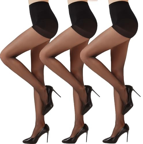 Citystl 3 Pairs Black Sheer Tights for Women - 20D Resist Tears Control Top Pantyhose with Reinforced Toes, Smooth, Supple(Black-M)