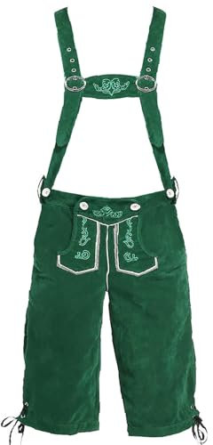 Lederhose Herren Damen Tracht Traditionelle Trachtenhose Kurz Trachten Leder Hose Unisex für Oktoberfest Besondere Anlässe Grün Veloursleder Trachtenlederhose mit Hosenträger M-XXL