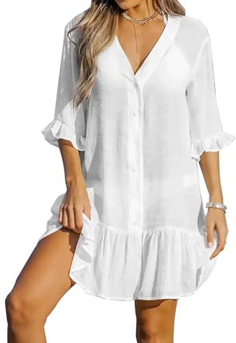 KOEMCY Copricostume Donna Vestito Mare Casual Bikini Cover Up Abito da Spiaggia Estivo Copricostume da Bagno Maniche Corte Scollo a V per Le Vacanze al Mare (Bianco M)