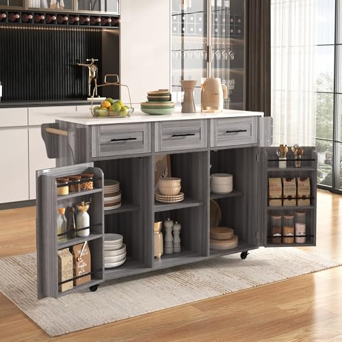 SogesHome Isola della cucina mobile su 5 ruote, grande carrello da cucina con piano di lavoro pieghevole, 3 cassetti, 6 scomparti, 2 ante per ripiani, piedini in legno massiccio sostituibili per sala