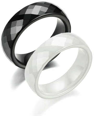 Beydodo Keramik Ringe Set Partner, Paar Ringe 6MM Raute Hochzeitsringe Verlobungsringe Weiß Gr.48 (15.3) + Schwarz Gr.51 (16.2)