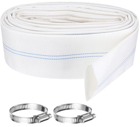 Rebower Pool Backwash Hose, 2 Inch x 30ft Reinforced Drain Hose PVC Lay Flat Water Discharge Pump Hoses for Pool Filter Swimming Pump, with 2pcs Clamps, White