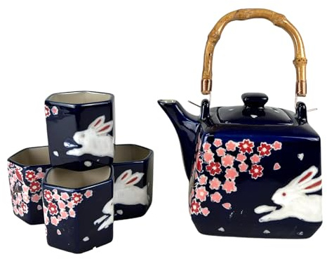 Porzellan-Teeservice, quadratische Form, 590 ml, Teekanne mit 4 sechseckigen Tassen, handbemalt, Griff mit Hase, Kirschblüte, japanischer Stil (blau)