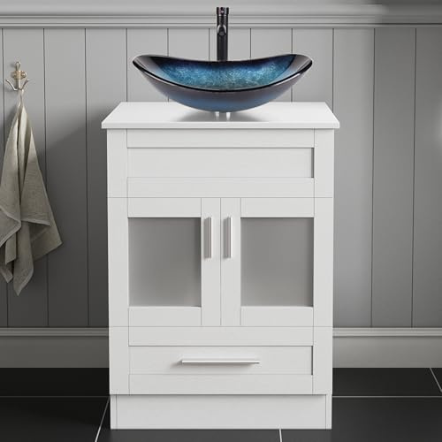 ARTETHYS Bathroom Sink Cabinet, 60cm Bathroom Storage Cabinet | Vanity Units with 2 Doors and a Drawer, White Cloakroom Cabinet Free Standing with Blue Countertop Basin