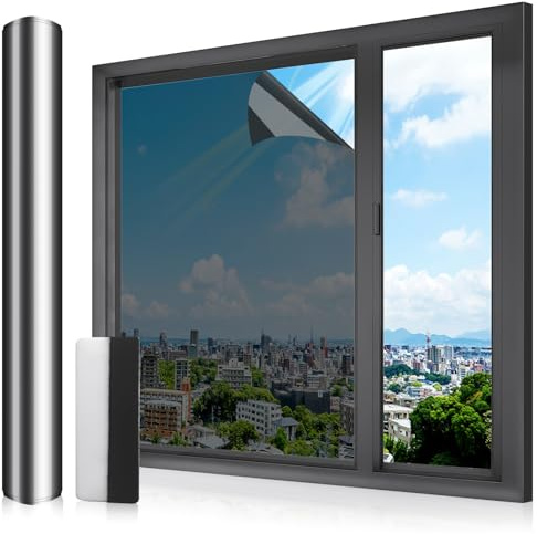 LULUETPUE Spiegelfolie Fenster Sichtschutz, Privatsphäre Spiegelfolie Selbstklebend Sonnenschutzfolie Fenster innen UV-Schutz Reflektierende Fensterfolie Schwarzsilber Thermofolie 60x400cm