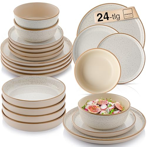 SÄNGER Rio Creme Tafelservice 24 teilig, Steingut Geschirr Set 6 Personen | 6x Teller 6x Frühstücksteller 6x Tiefe Teller 6x Pastaschalen Geschirrset und Schale, creme