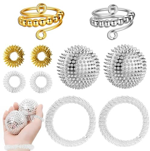ElevaPulse Lot de 10 skills - 4 anneaux anti-stress réglables - 2 balles de massage hérisson - 4 anneaux d'acupression - 2 bracelets de massage - Anneau anti-stress - Anneau anxiété - Pour soulager le