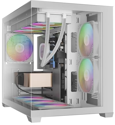 GAMDIAS Aura GC10M WH ARGB M-ATX Micro Tower PC-Gehäuse, Nahtloses Seitenteil aus Gehärtetem Glas, 3 Integrierte 120-mm-ARGB-Lüfter, Werkzeuglose Montage, Magnetischer Staubfilter, Weiß