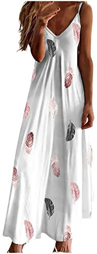 Lässiges Maxikleid mit bunten Federn, V-Ausschnitt, Spaghettiträgern, Cami-Kleid, Sommer, Strand, fließend, A-Linie, langes Sommerkleid, weiß, M