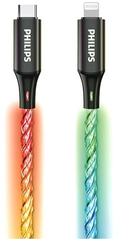 Philips Cavo di ricarica DLC5130L/01 per iPhone RGB 1M, cavo Lightning di ricarica rapida 27W, sincronizzazione 480Mbps, cavo intrecciato senza groviglio per iPhone, iPad, compatibile MFi
