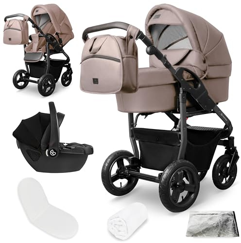 Bergsteiger Capri Kombikinderwagen 3-in-1 Babywanne Sportsitz Babyschale | Komfortables Reisesystem ab Geburt mit Luftreifen Rahmenfederung verstellbarem Griff Platzsparend faltbar und Wickeltasche