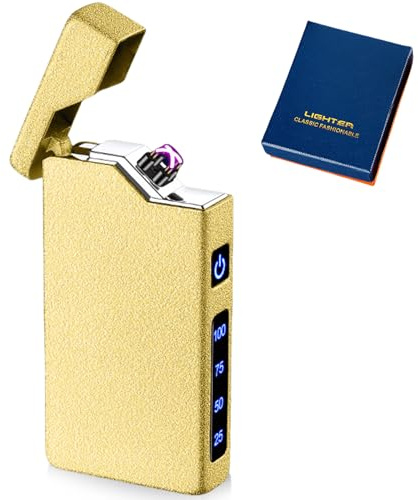 Accendino elettronico USB, accendino elettrico USB, con doppio arco elettrico, con indicatore di batteria, antivento, al plasma, con confezione regalo (oro opaco)