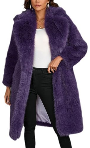 ZhuiKun Cappotto Lungo Donna in Pelliccia Sintetica Giacca Calda con Colletto Revers Pelliccia Finta Morbida Maniche Lunghe Elegante Antivento Invernale - Viola, XXL