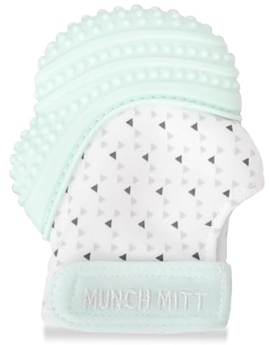 Malarkey Kids Patented Teething Mitten – Munch Mitt Mint Green Triangle, Silicone Baby Teether for Infants, BPA-Free, Adjustable Strap, Textured Soothing Surface for Hands-Free Teething Relief
