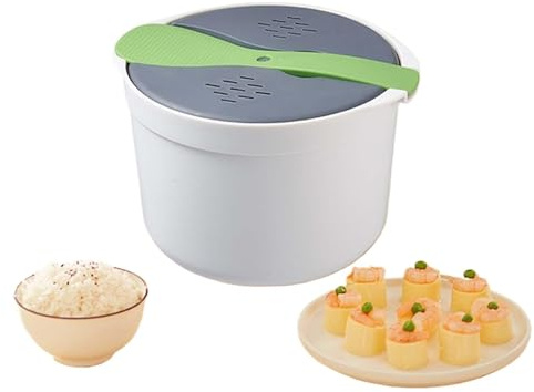 Arrocera para microondas Olla a vapor a presión for microondas con colador, 2 l, for cocinar quinoa, papas, arroz y verduras(Green)