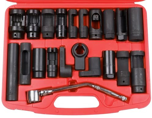 FreeTec 21pcs Douille Sonde Lambda, 22mm Clé Sonde Lambda, Clé à Douille Demonte Sondes à Oxygène, 1/2 et 3/8 Jeu Cle Outils Sondes NOx pour Voiture
