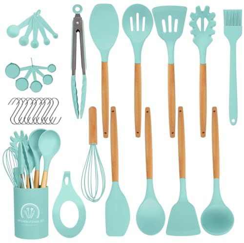 Omtofo Utensili da cucina in silicone 33 pezzi, set di utensili da cucina per pentole antiaderenti, al calore e antiaderenti con manico in legno per utensili senza BPA, Verde