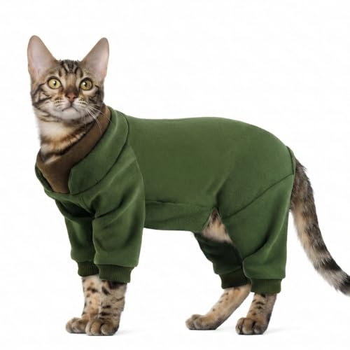 Hjumarayan Kattbody mot hår, skyddsdräkt katt med långa ben, mjuk och ventilerande kattoverall för hudskydd, pälsskydd och lätt skötsel, inomhuskatter, armégrön M