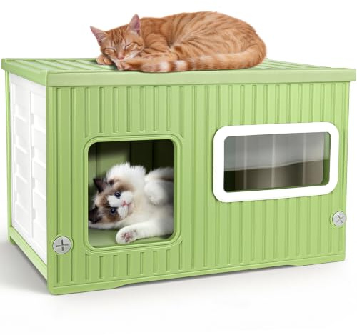 Katzenhaus Outdoor & Indoor Wetterfest – Stapelbare Katzenhöhle aus Kunststoff mit Acrylfenster, moderner Katzenunterstand für Balkon & Garten, für Katzen, kleine Hunde & Kleintiere (56×38,5×36,5 cm)