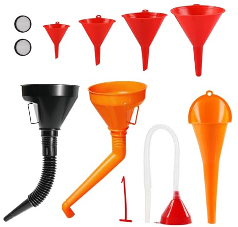 11Pcs Universal Fuel Funnel Set，Right Angle Flexible Engine funnel with Filter & Detachable Spout，Oil funnel for car,Motorcycle Long Mouth Funnel