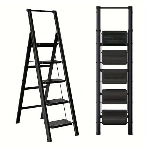 Escabeau 5 Marches Pliable Noir – Antidérapant, Hauteur 161 cm, Capacité 150 kg, Robuste pour Maison et Bureau