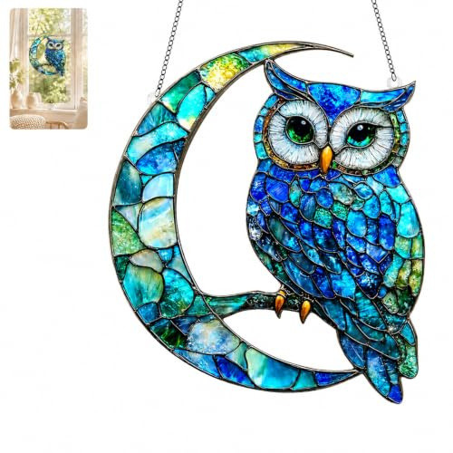 Blue Owl Moon Suncatcher for Windows and Garden Fence - Stained Glass Style Hanging Decoration with Teal Green and Yellow Mosaic Art, Crystal Sunlight Reflector, Indoor Wall Ornament (Owl)