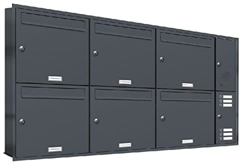 AL Briefkastensysteme, 6er Unterputzbriefkasten mit Klingel in Anthrazit Grau RAL 7016, 6 Fach wetterfeste Briefkastenanlage Design modern