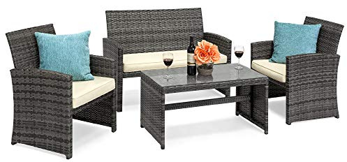 Best Choice Products 4-Piece Outdoor Wicker Patio Conversation Furniture Set for Backyard w/Coffee Table, Seat Cushions - Gray/Cream