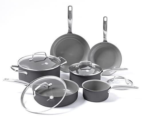 GreenPan Chatham Hard Anodized Healthy Ceramic Nonstick 10 Piece Cookware Pots and Pans Set, Frying Pan Skillets, Saucepans, Saute Pan, Stockpot, Lids, PFAS-Free, Dishwasher & Oven Safe, Gray