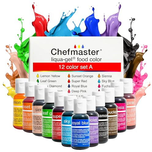 Chefmaster - Liqua-Gel Food Coloring - Fade Resistant Food Coloring - 12 Pack - Vibrant, Eye-Catching Colors, Easy-To-Blend Formula, Fade-Resistant
