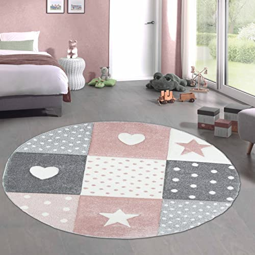 CARPETIA Kinderteppich Rund Herz-Stern-Muster Rosa Creme Grau Ø 120 cm | Weich, pflegeleicht, strapazierfähig und allergikergeeignet, handgeschnittene 3D-Optik, OEKO-TEX geprüft, schadstofffrei