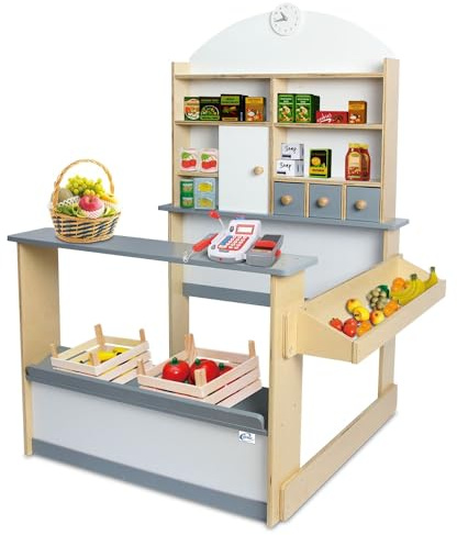 Coemo Kaufladen Kinder Kaufmannsladen Lilly Holz Verkaufsstand mit 3, Grau | Kaufmannsladen Lilly aus Schichtholz Kiefer und MDF-Platten hat eine gute Verarbeitung und eine hohe Standfestigkeit