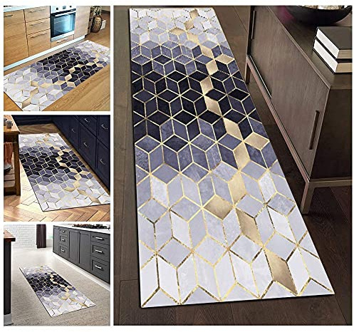 Filjr ZVEZVI Teppich Läufer Flur Küche rutschfest Waschbar Blau und Grau Geometrische Muster 50x250cm Bunter Modern rutschfest Waschbar Vintage Kücheläufer Teppichläufer Polyester Meterware Anpassbar