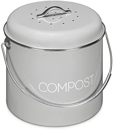 Navaris Metal Compost Caddy Bin - 5 Litre Kitchen Composting Bucket with Charcoal Filter and Lid for Indoor Organic Food Waste Recycling - Grey