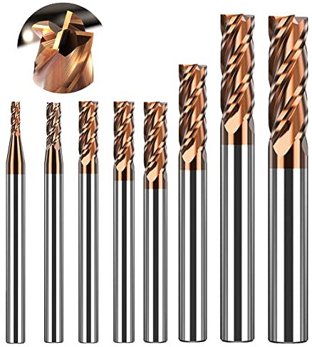 ASNOMY 8tlg VHM Schaftfräser 4 Flöten Hartmetall Nutenfräser Fräser Durchmesser 2-12mm CNC Schaftfräser Schlicht Fräser Set für Metall - AlTiN beschichtet 55 HRC