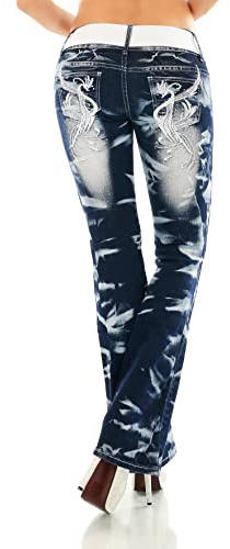 Dam, bootcut jeans, byxor, utsvängda jeans, olika broderi, tatuering, drake, bukett, bokstäver inkl. Bälte XS–XXL, 40