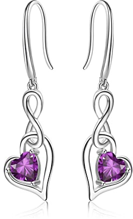 Boucles d'oreilles Infini Cœur pour Femmes - Qings Argent Sterling 925 Pierre de Naissance Goutte avec Pendantes Zirconium Bijoux Cadeau de Noël Anniversaire et Fête des Mères pour Filles Mères