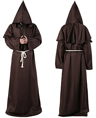 Wishstar munk-rock, XL medeltida renässans-rock, kostym munk med huva och sladd, brun, män, prister, dräkt, kostym med kors för temafest, halloween, cosplay, karneval och karneval