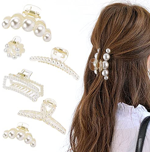 6 Piezas Pinza Pelo Grande de Garra de Perla Pinza de Garra para Cabello Grueso Antideslizante Pinzas de Pelo de Perla Fuerte Barrette Accesorios Pelo para el Cabello para Mujer y Niñas