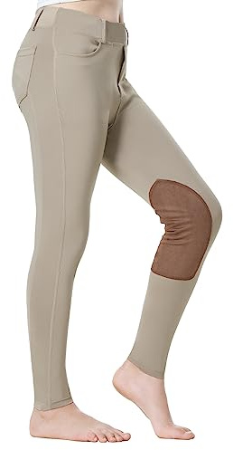 SPOEAR Kids Horse Riding Pants Equestrian Girls Knee-Patch Breeches Horseback Riding Schooling Tights Pockets(Khaki,XS)