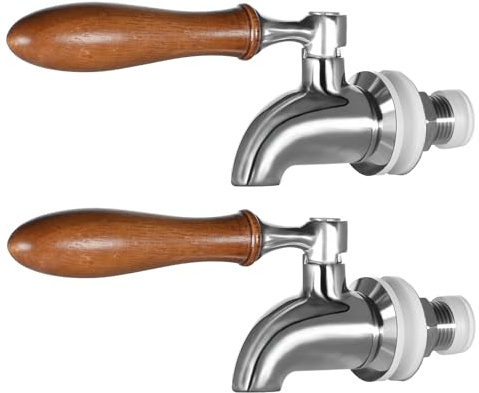 Wongblee 2-Pack Stainless Steel Beverage Dispenser Replacement Spigot for Glass Jar, Water Jug, Fits 5/8 inch Opening, Polished Finish, Wooden Handle