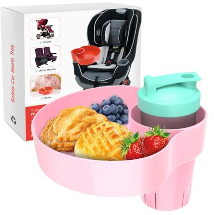 OMYPOTT Snacktablett für Kinderautositze: Reisetabletts für Kinder im Auto mit Getränkehalter, unverzichtbar für Kleinkinder auf Roadtrips, Essensteller für Reisesnacks (Pink)