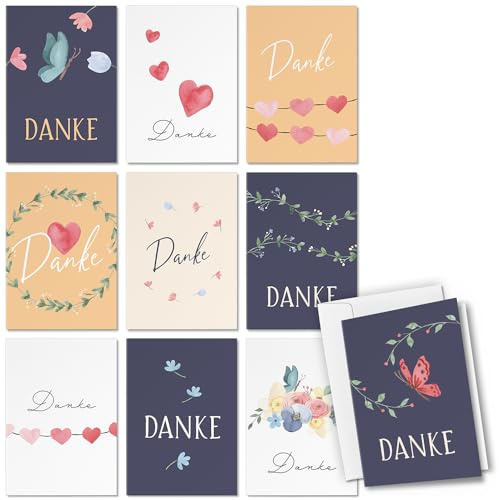 10 Dankeskarten Mix Danke Karte Set - Aquarell Herzen Herz - Klappkarten mit Briefumschlägen Dankeschön Danke sagen