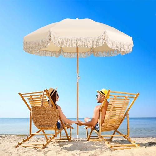 Parasol de plage Parapluie beige de 6 pieds avec parasol de plage à franges avec parasol inclinable Upf 50+ 8 nervures Parapluie extérieur Parapluie de table imperméable pliable pour patios, jardin,