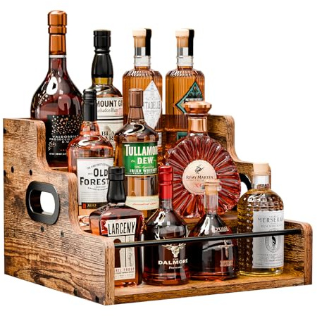 KLM Liquor Bottle Display Shelf, Coffee Syrup Rack Organizer, 3 Step Countertop Liquor Wine Rack, mini bar,liquor cabinet, Home Retro Bar Shelf Stand for Liquor Whiskey, Spirits